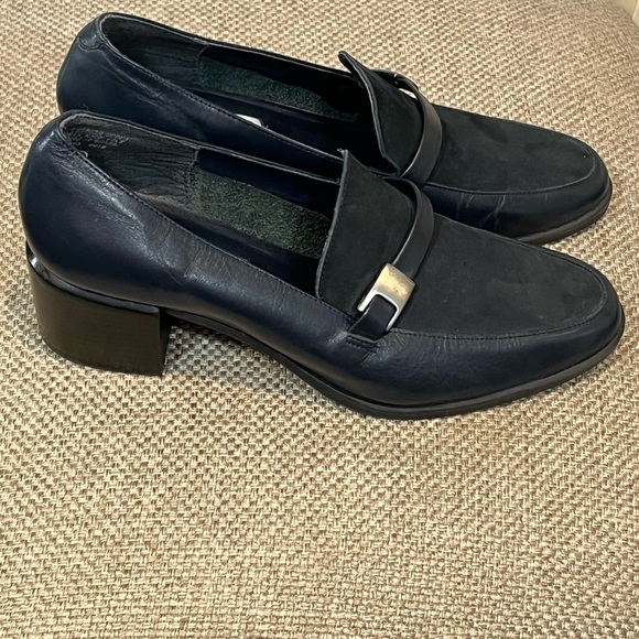 WESLEY & CO Navy Blue Heeled Leather Loafers with Buckle-8 - Picture 1 of 7